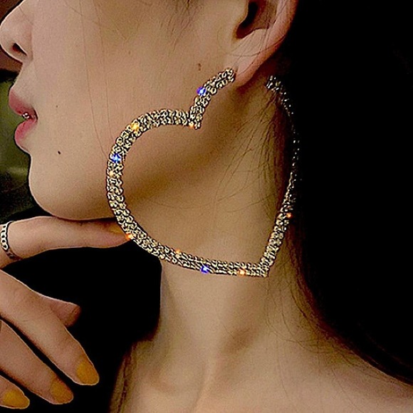 Diamond Oversized Gold Rhinestone Heart Hoop Earrings. Gold plated
